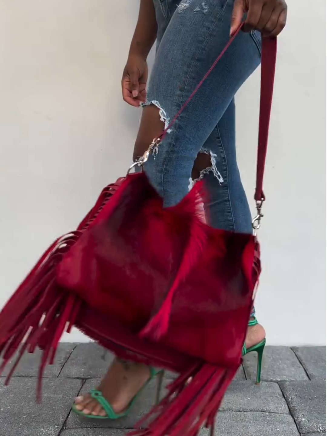 Red Fringe Fur Tote Bag