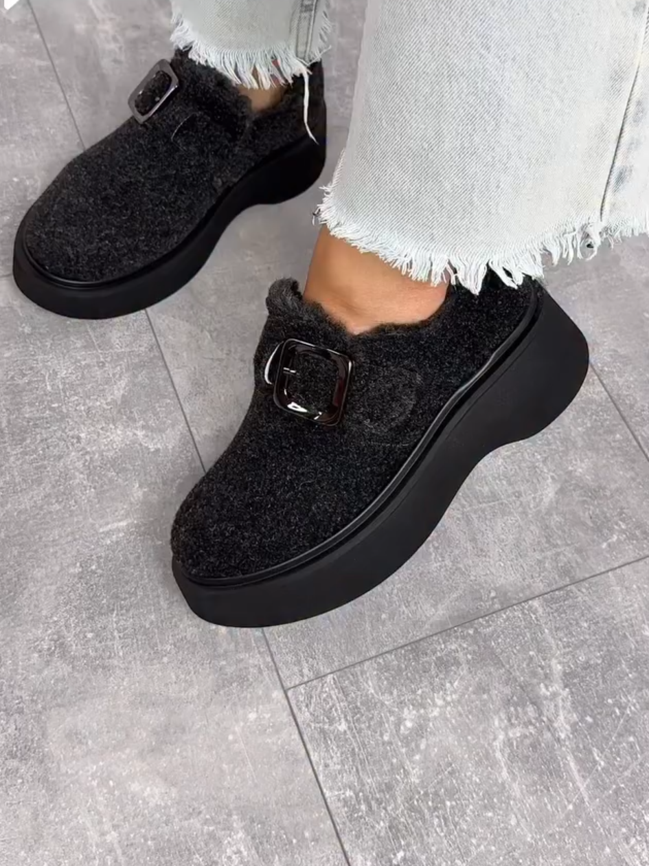 Fuzzy Buckle Platform Loafers