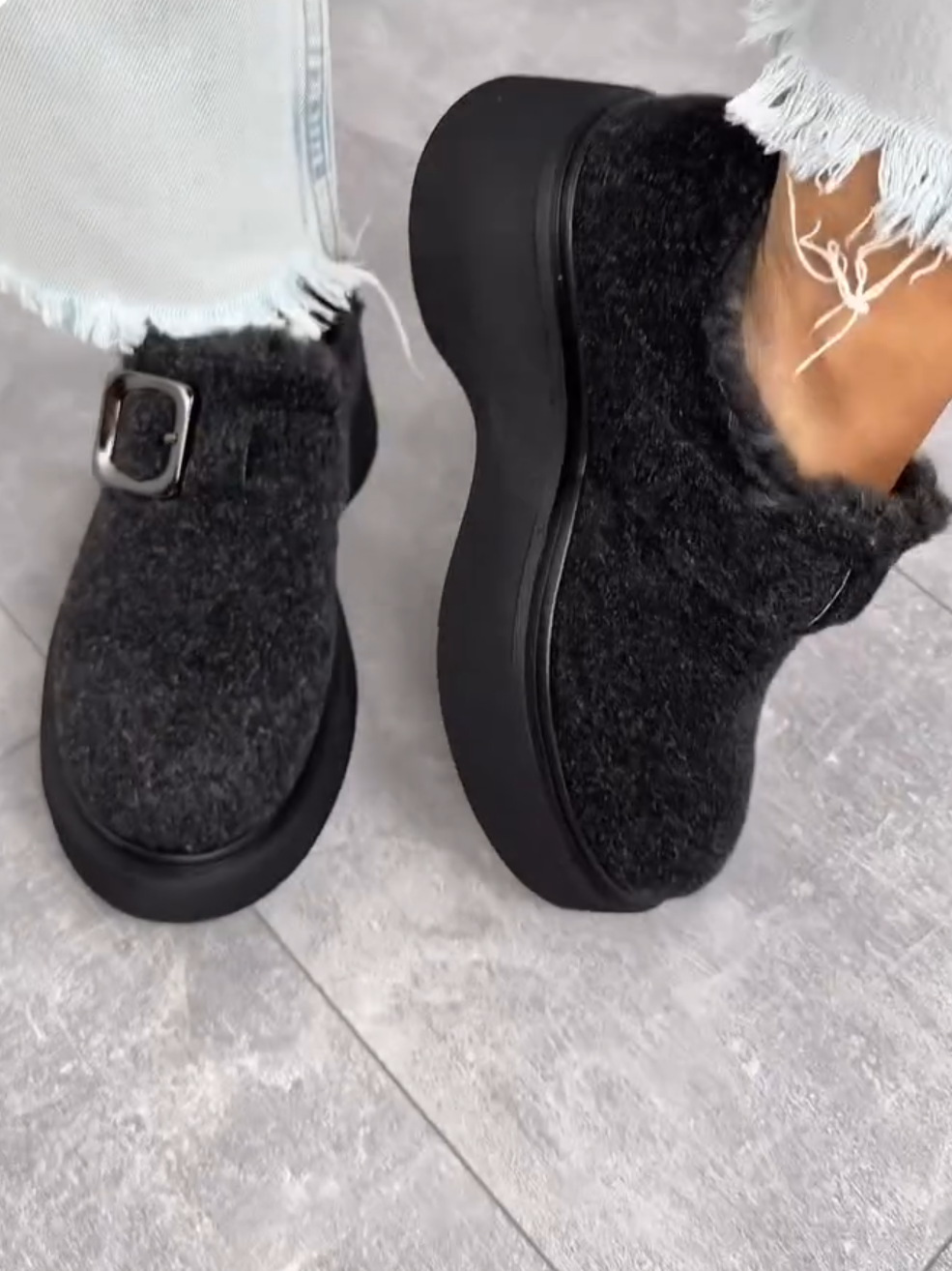 Fuzzy Buckle Platform Loafers