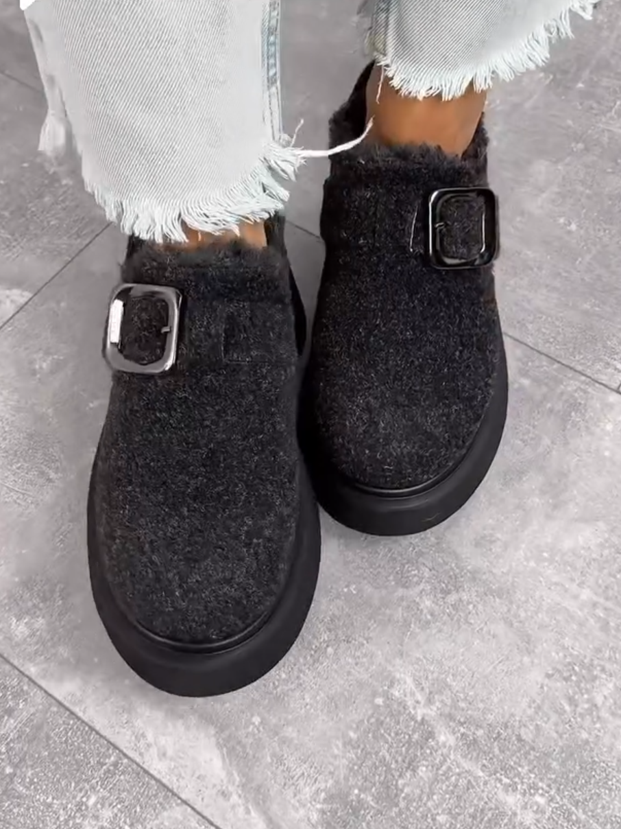 Fuzzy Buckle Platform Loafers