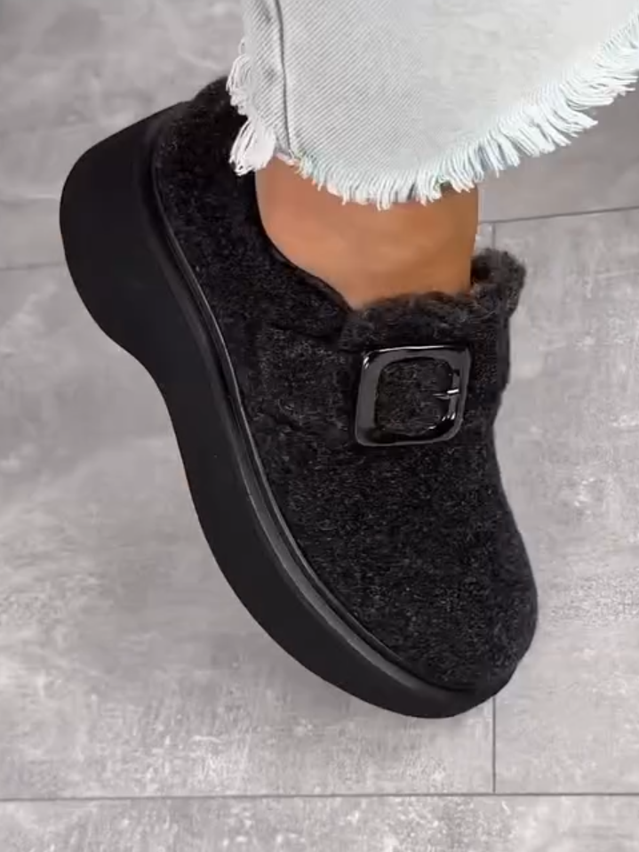 Fuzzy Buckle Platform Loafers