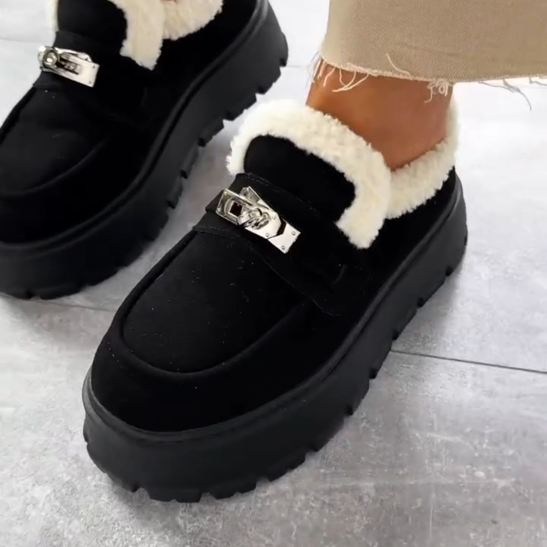Faux Fur - Lined Buckle Platform Loafers