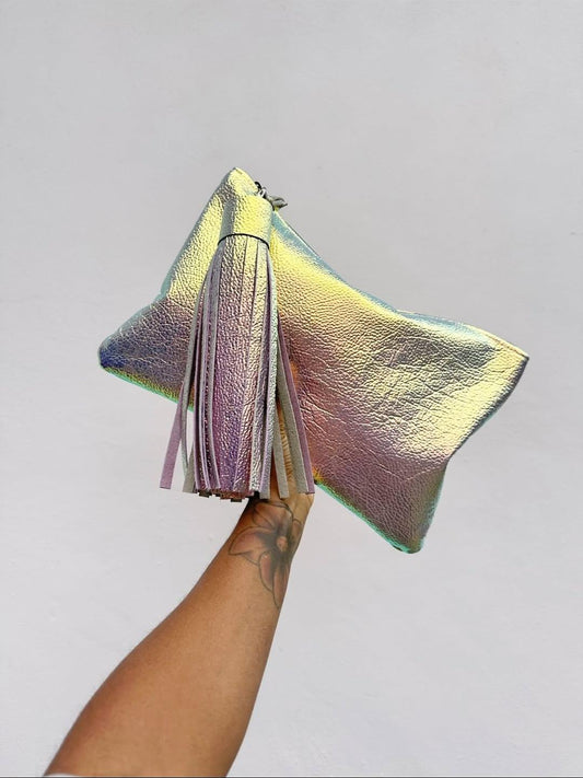 Holographic Fringe Clutch Bag