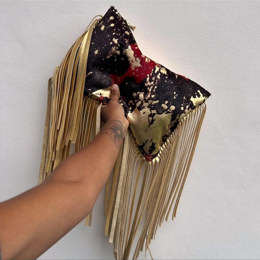 Gold Fringe Splatter Print Clutch