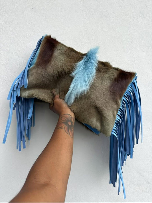 Fur & Blue Fringe Clutch Bag