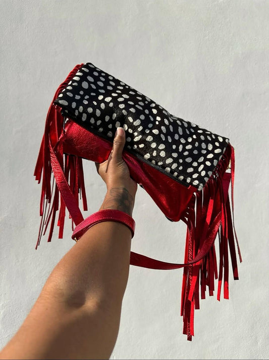 Polka Dot & Red Fringe Clutch Bag