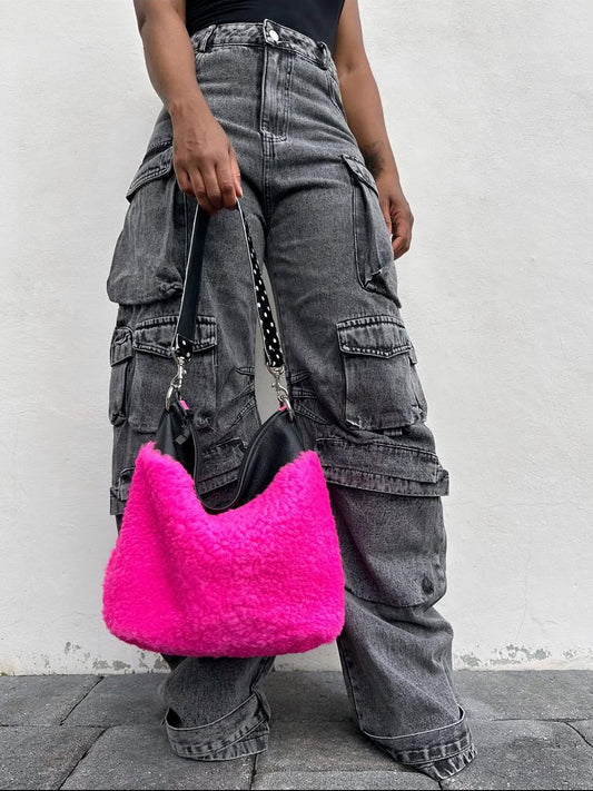 Neon Pink Faux Fur Hobo Bag