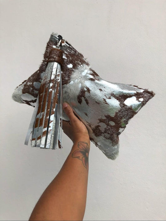 Silver & Brown Faux Fur Fringe Clutch Bag