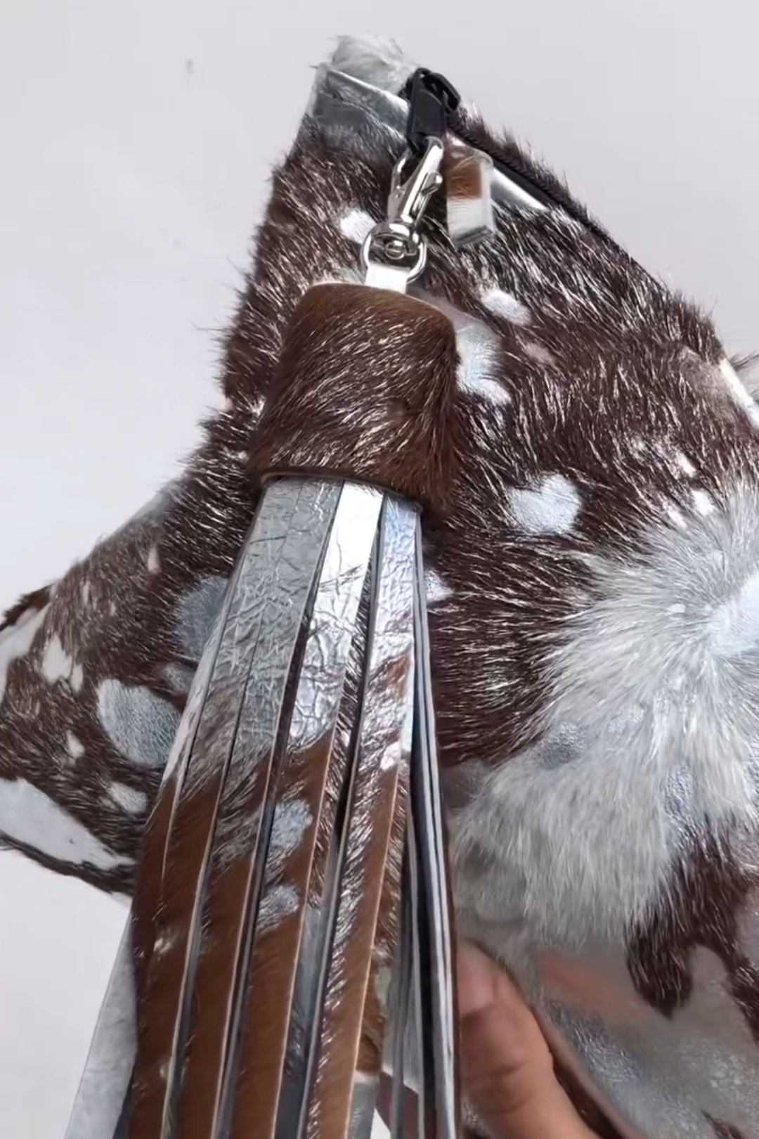 Silver & Brown Faux Fur Fringe Clutch Bag