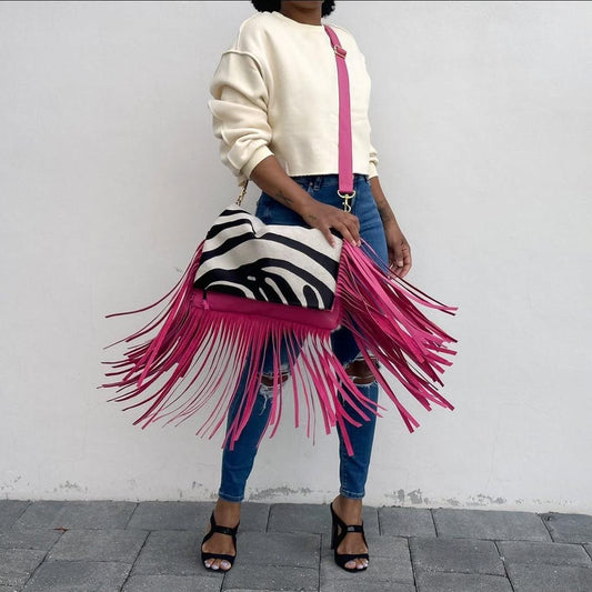 Zebra Print & Rose red Fringe Crossbody Bag