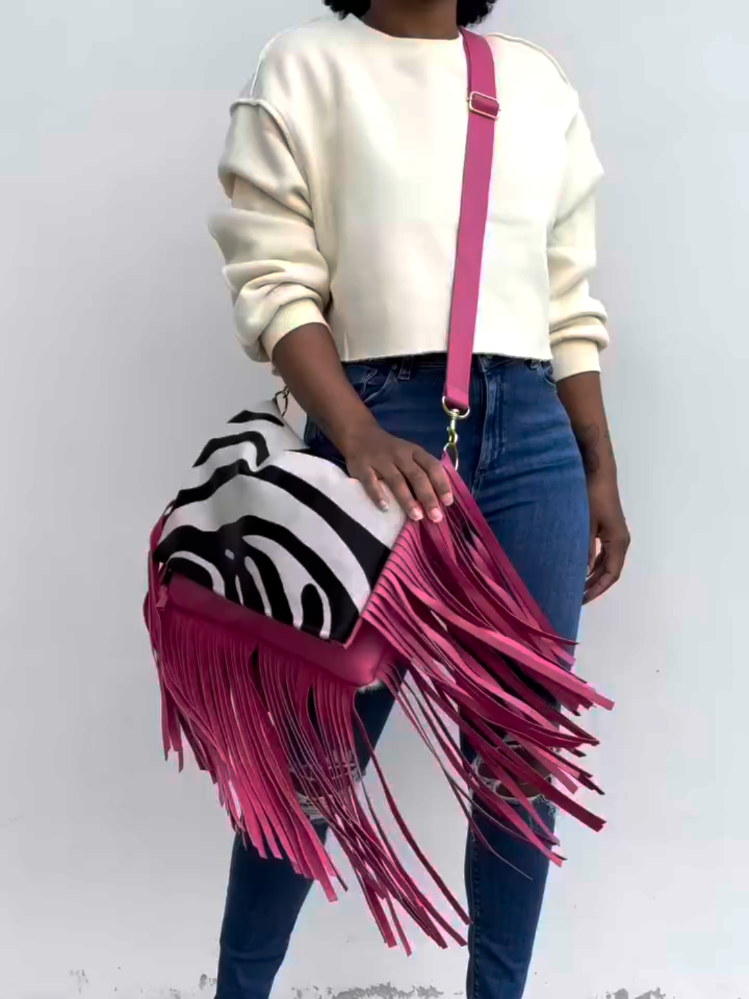 Zebra Print & Rose red Fringe Crossbody Bag
