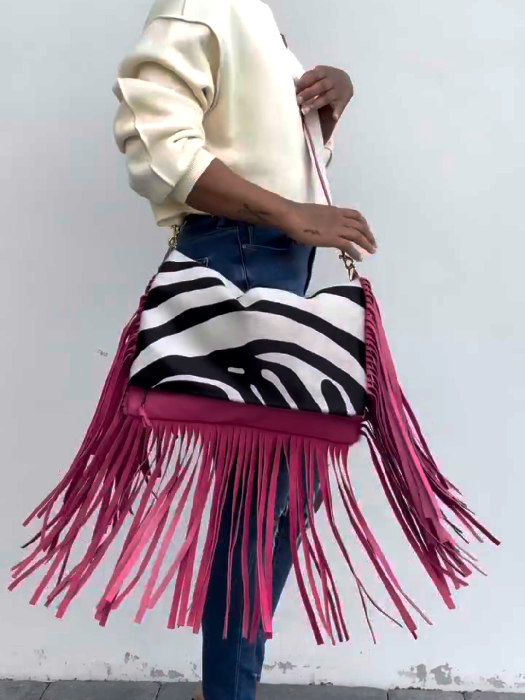 Zebra Print & Rose red Fringe Crossbody Bag