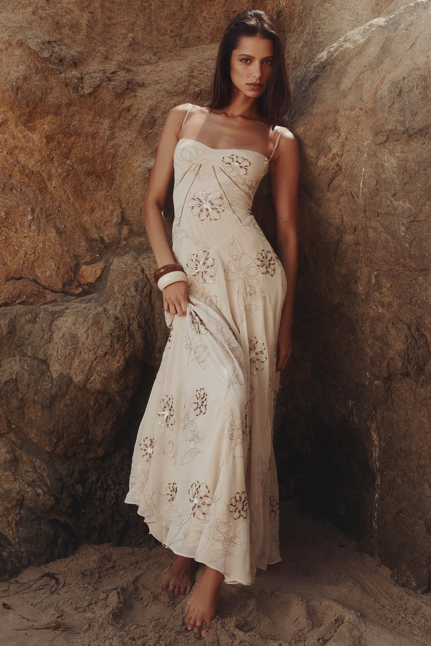 Seren vanilla embroidered hand beaded floral maxi