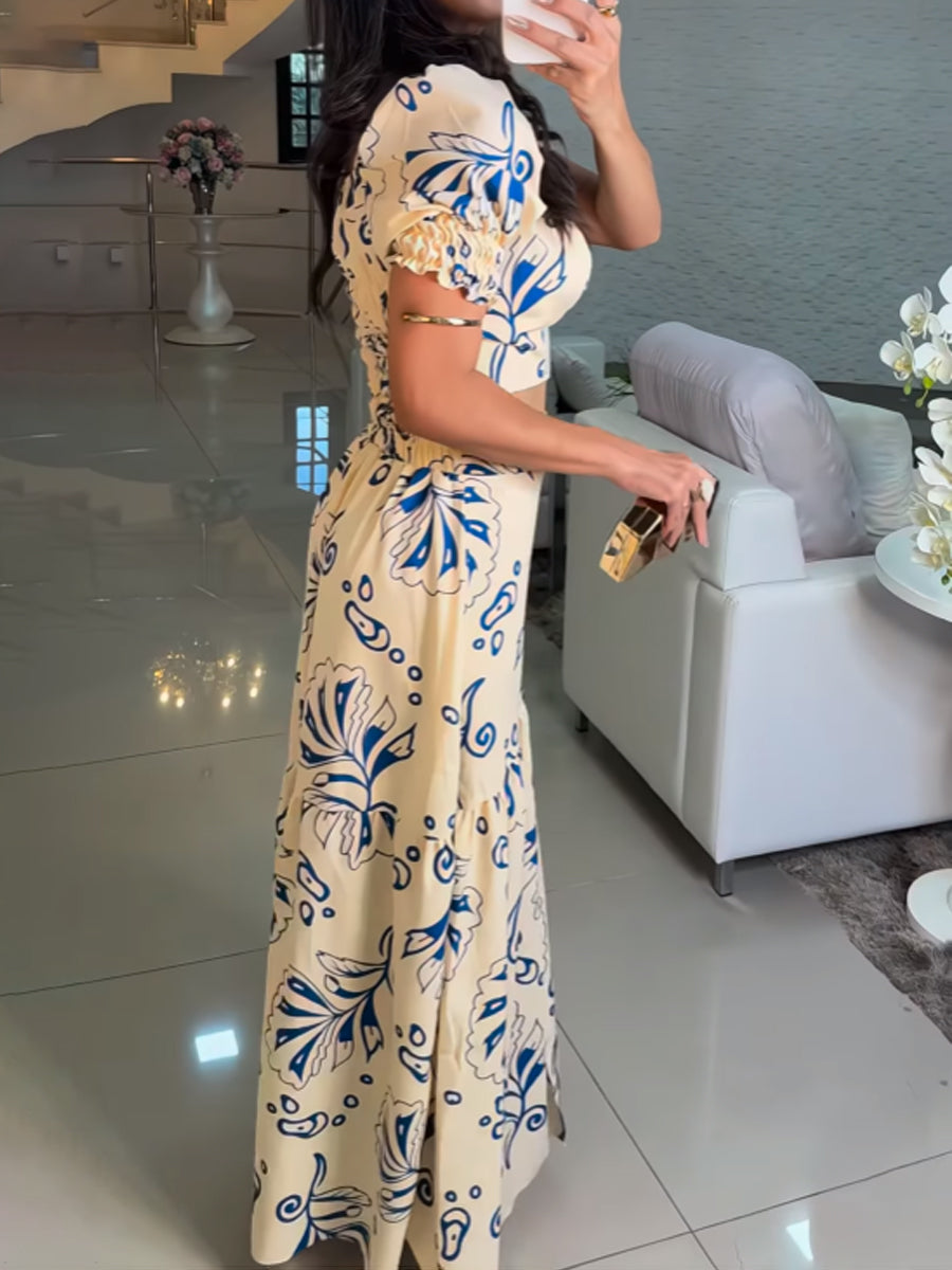 Square Collar Printed Two Pieces Dress