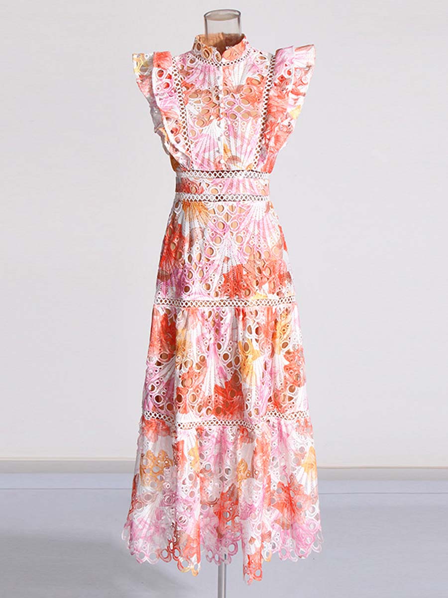 Stand Collar Sleeveless Cut-out Embroidered Dress