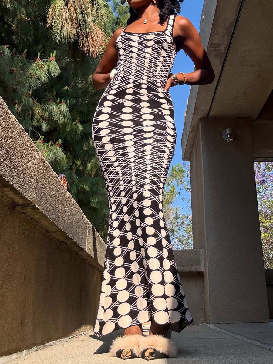 （Limited time offer 43$💥）Black & White Geometric - Print Bodycon Maxi Dress