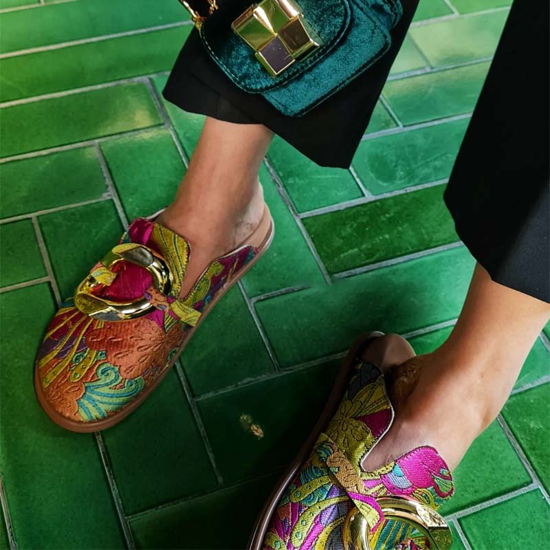 Printed Metal-Embellished Flat-Bottom Slippers