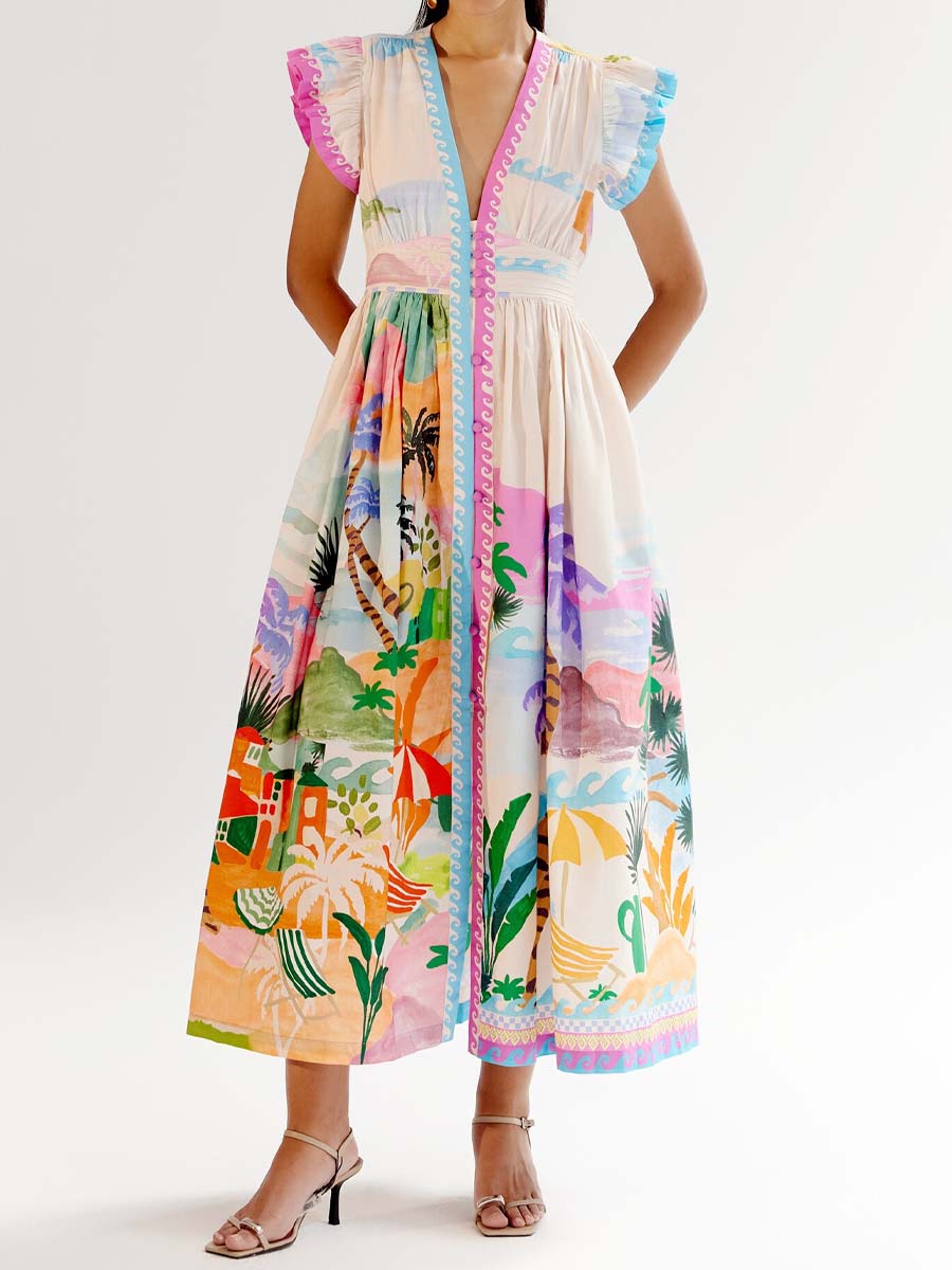 Deep V Neck Printed Maxi Dress