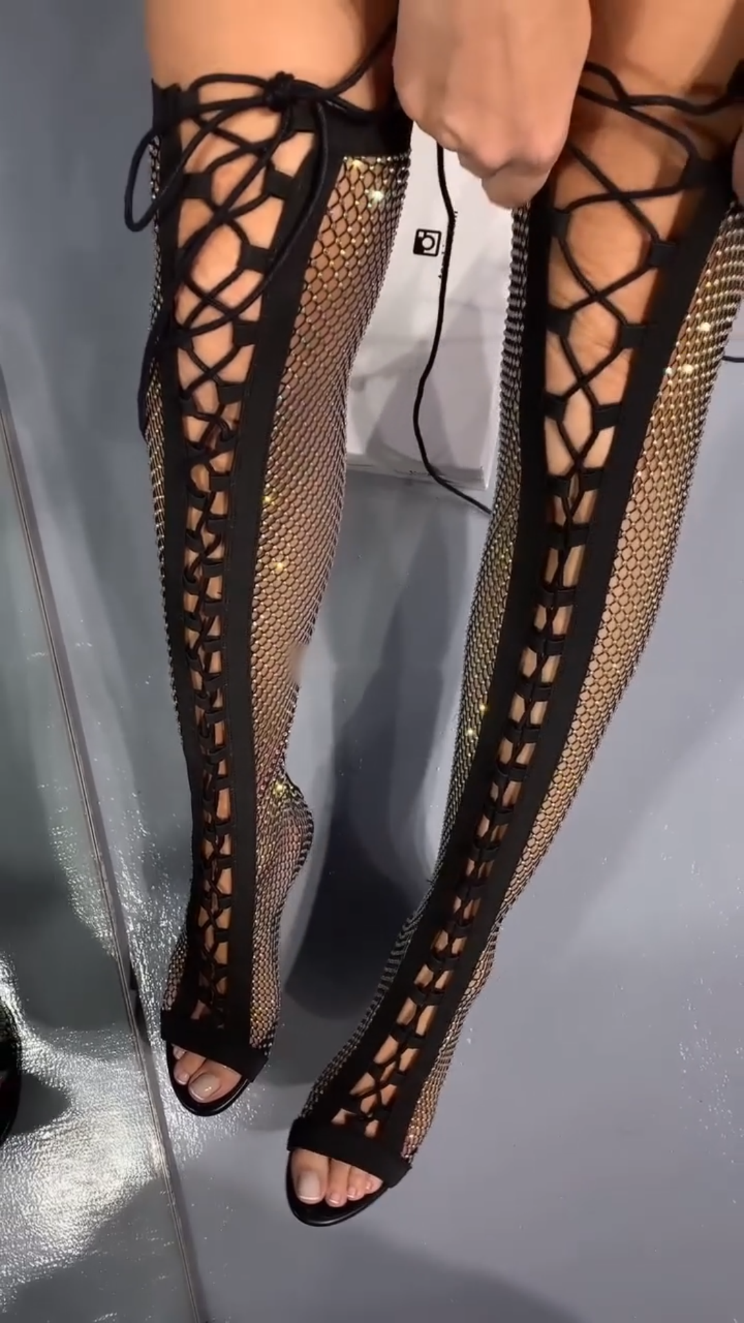 Black Rhinestone Lace up Over the Knee Sandals