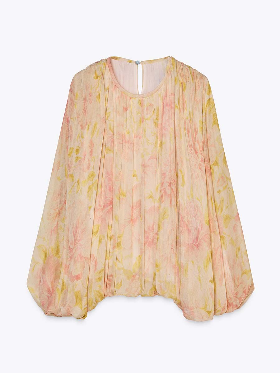 Puff Sleeve Asymmetric Hem Printed Shirt