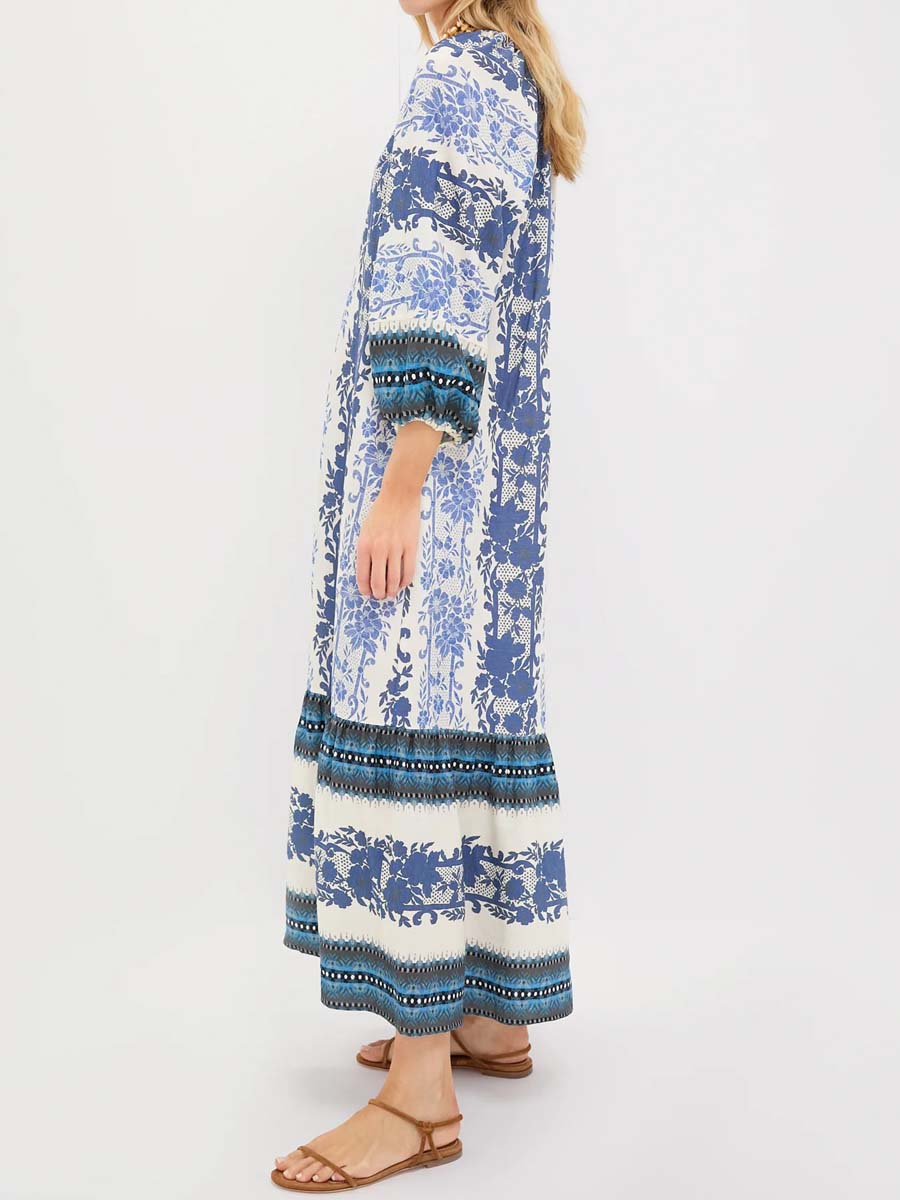Split Neck Printed Long Slleve Mai Dress