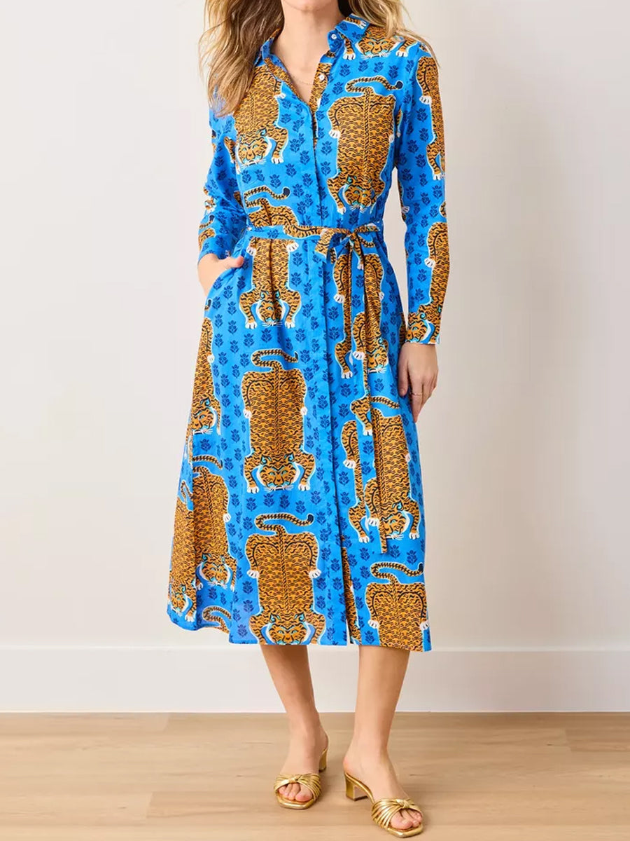 Printed Long Sleeve Belted Shirtdress