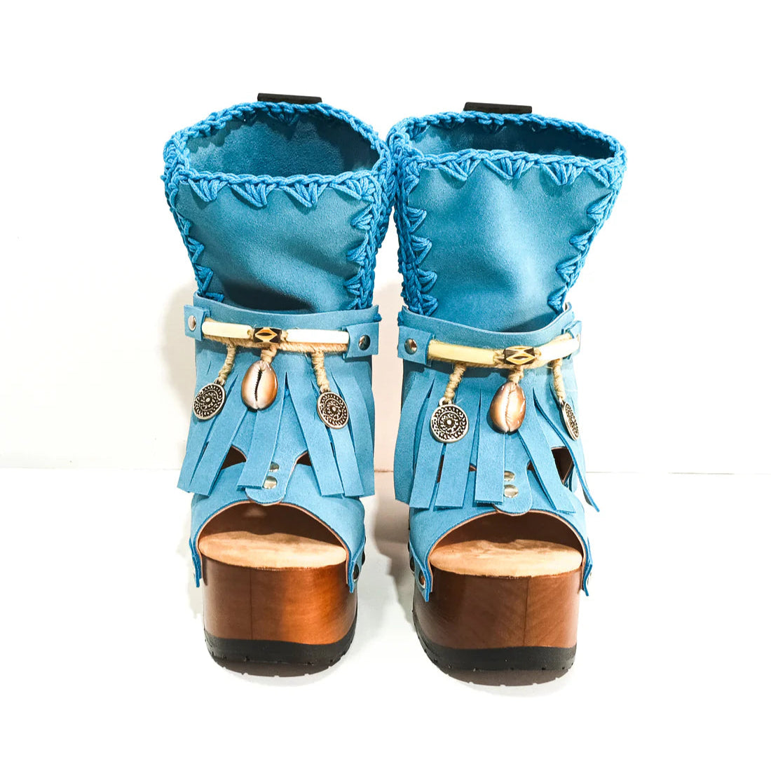 Blue Suede Fringe Platform Peep - Toe Boots