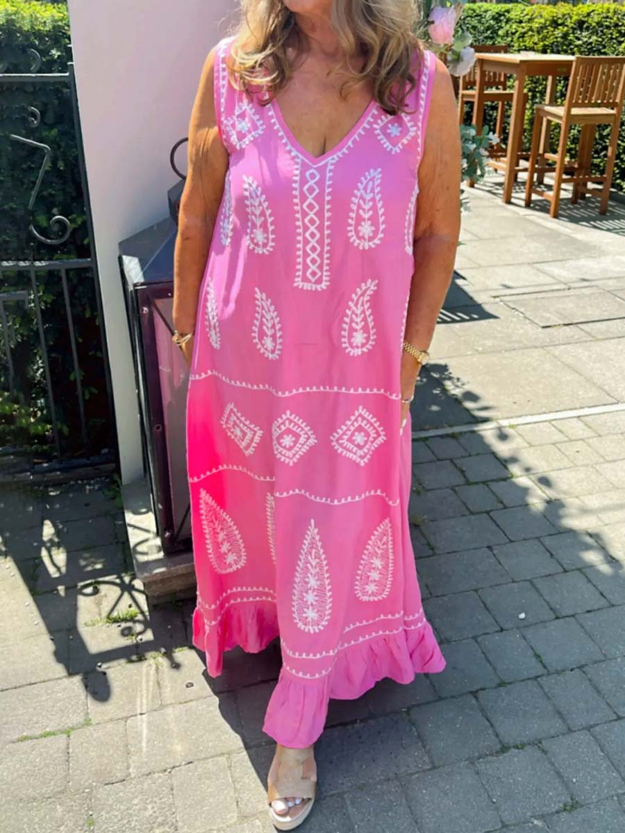 Deep V Neck Sleeveless Printed Maxi Dress