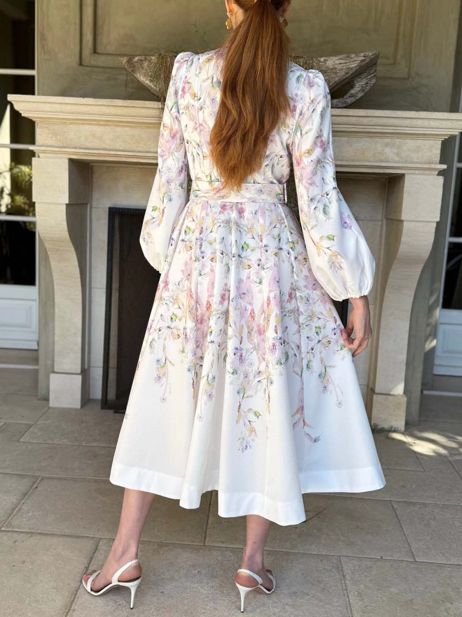 Single-breasted Placement Print Belted Dress