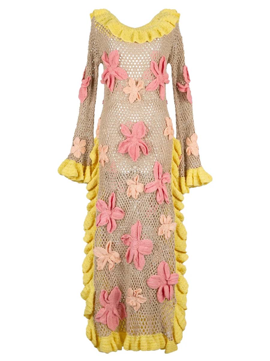 Knitted 3D Flower Slit Hem Beach Dress