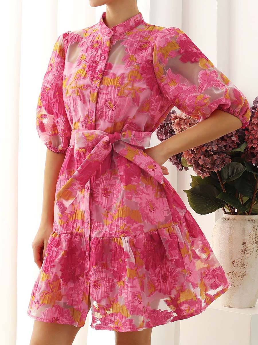 Floral Jacquard Puff Sleeves Organza Dress