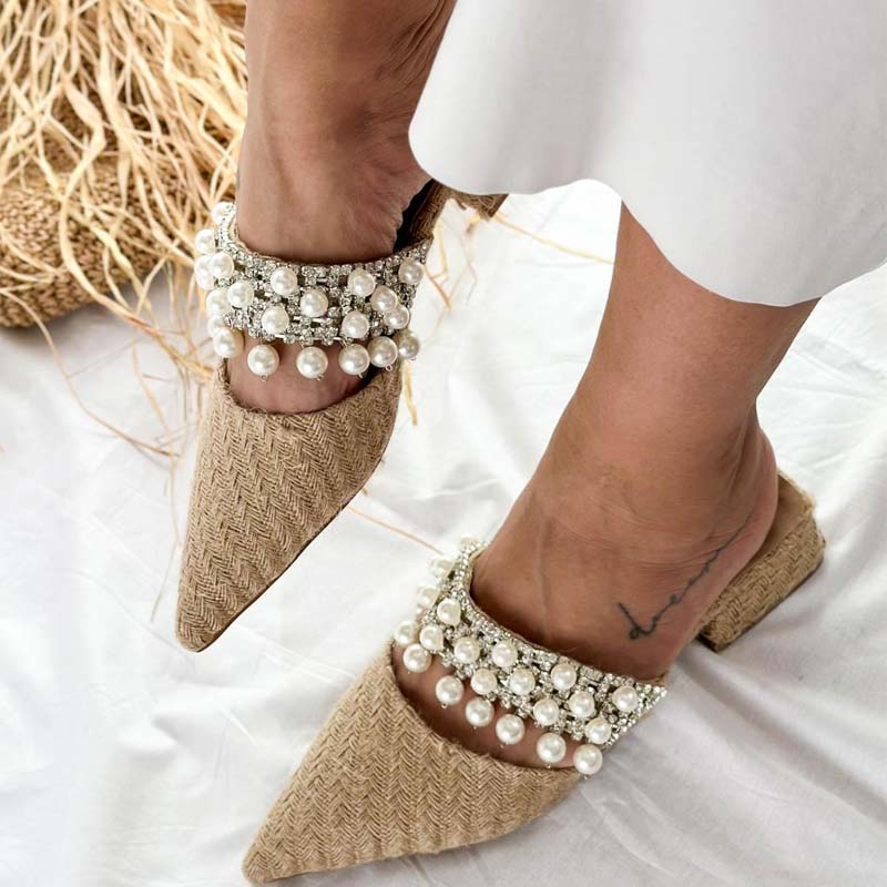Pointed Pearl Detail Slippers