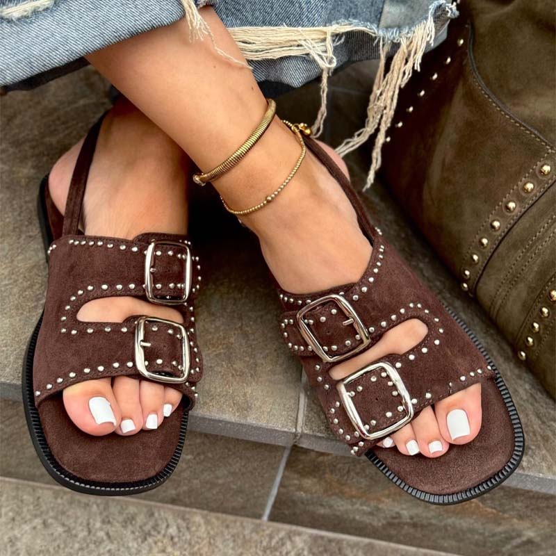 Studded Double Buckle Flat Sandals