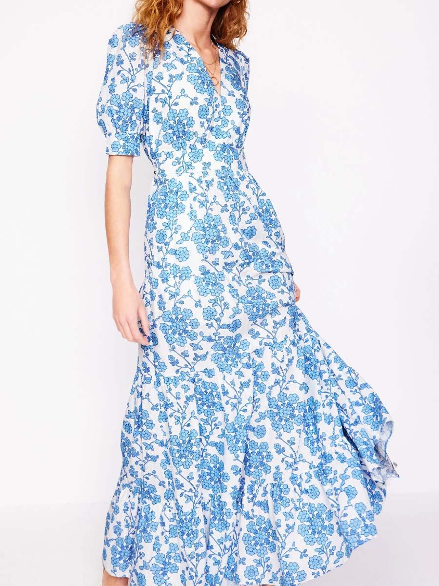 Printed V Neck Puff Sleeve Maxi Dress