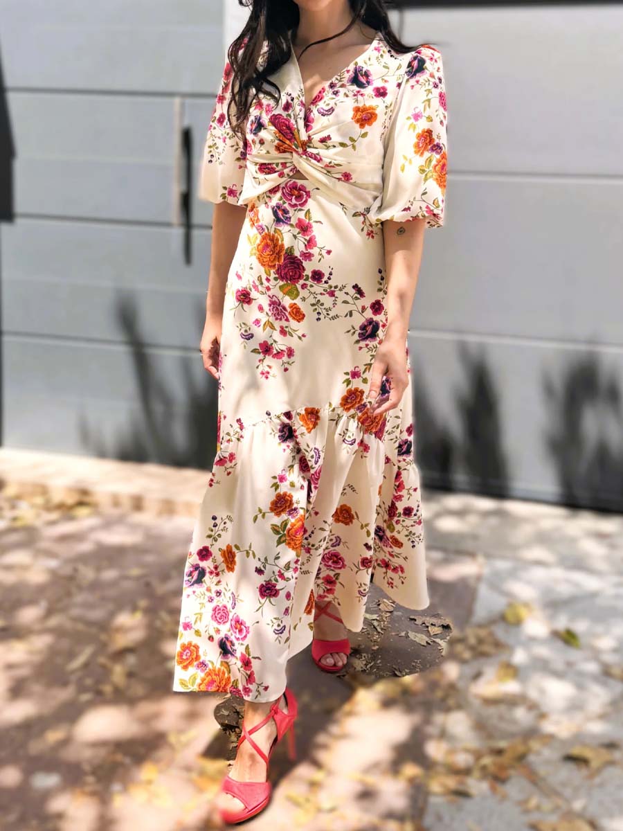 Knotted Printed Bubble Sleeve Dress