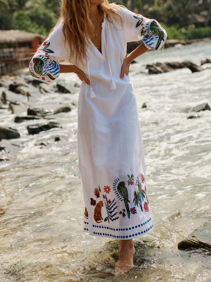 Embroidered V Neck Tassel Dress