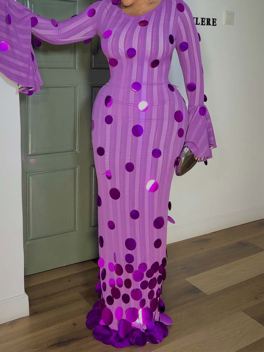 Sequined Patchwork Flare Sleeve Dress