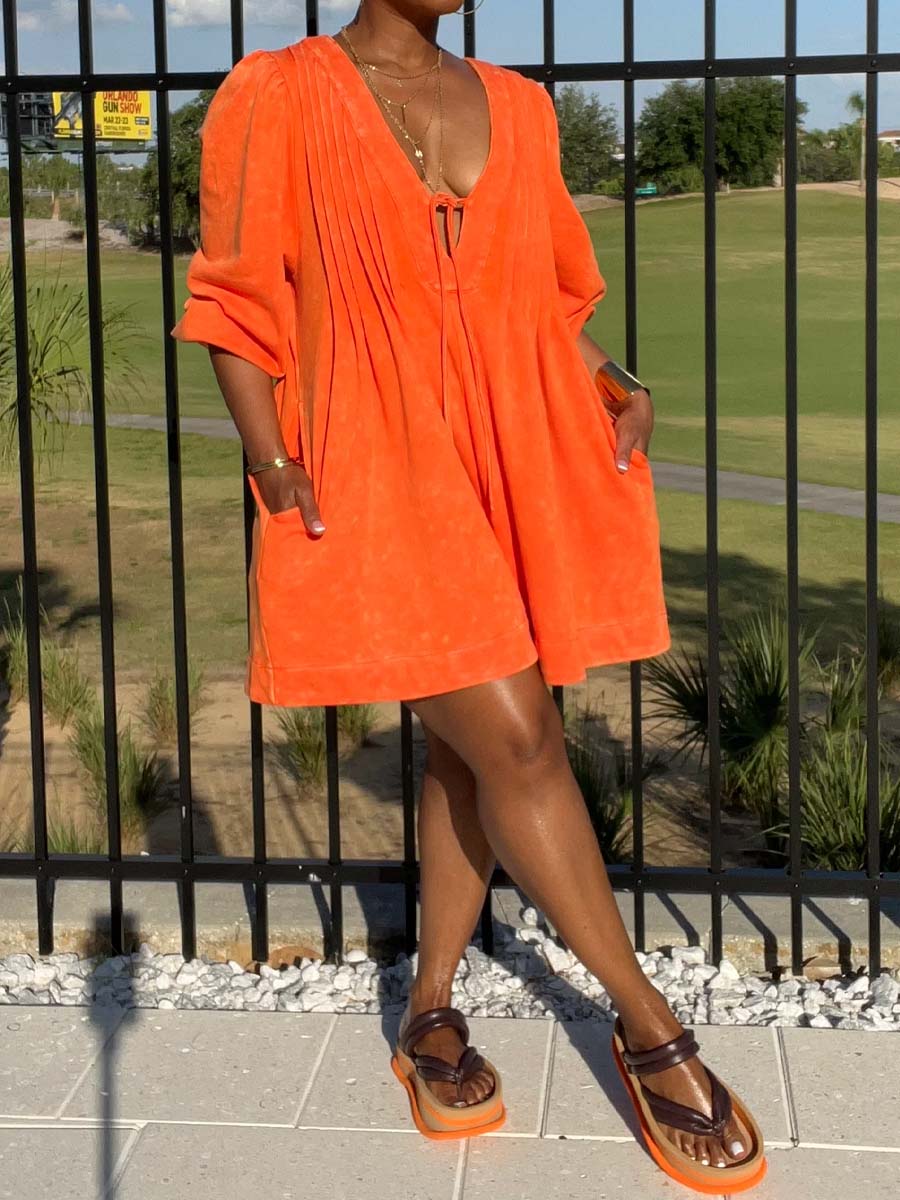 Pockets V Neck Pleated Romper