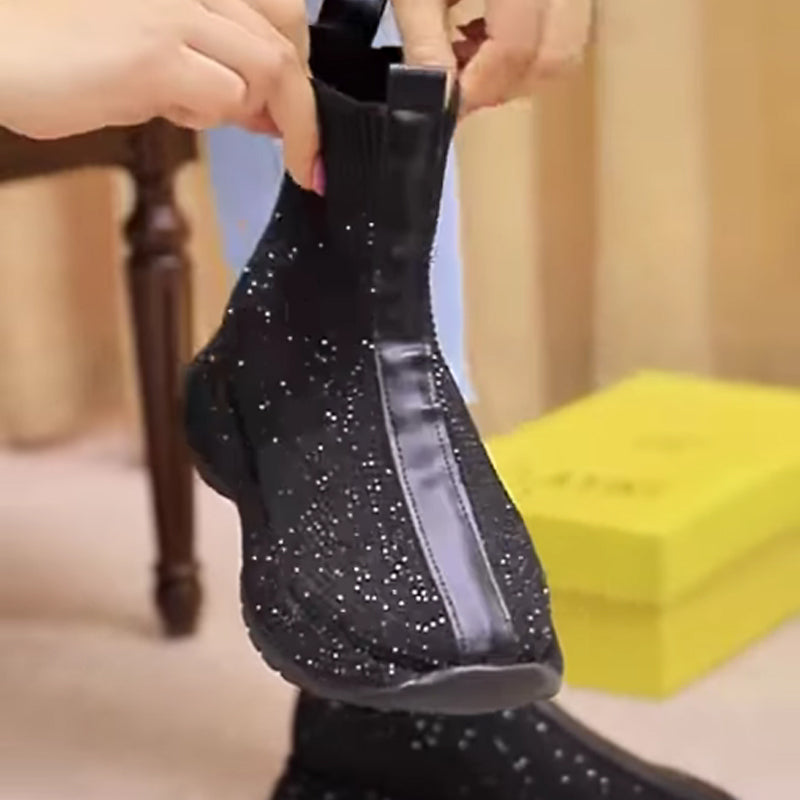 Rhinestone Sparkle Flat Knit Stretch Boots