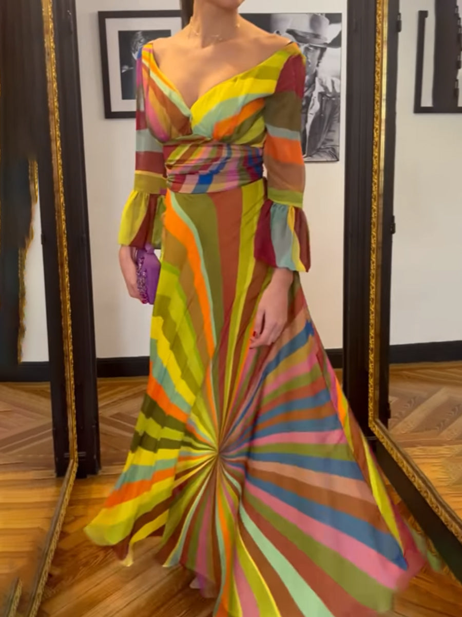 Deep V Neck Printed Bell Sleeves Maxi Dress