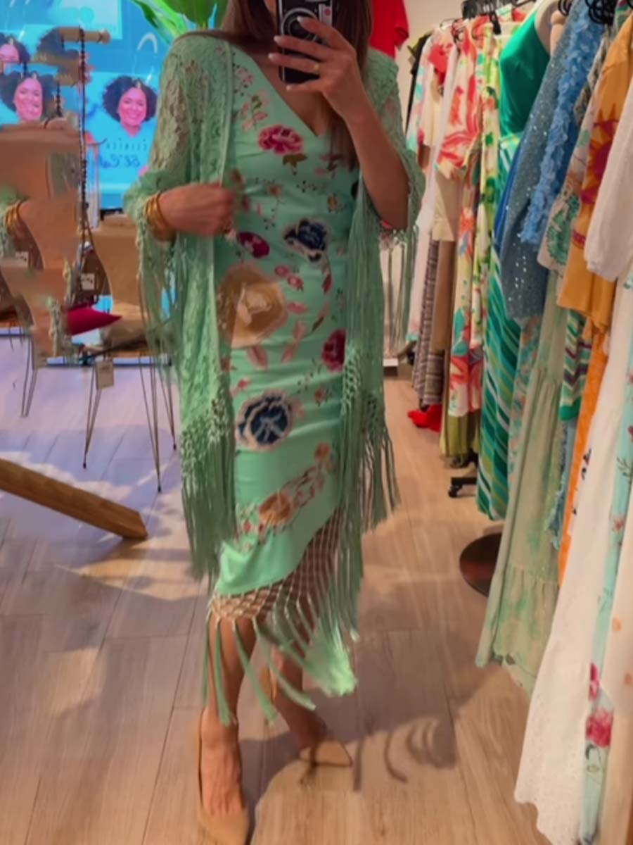 Elegant Fringed Hem Printed Dress