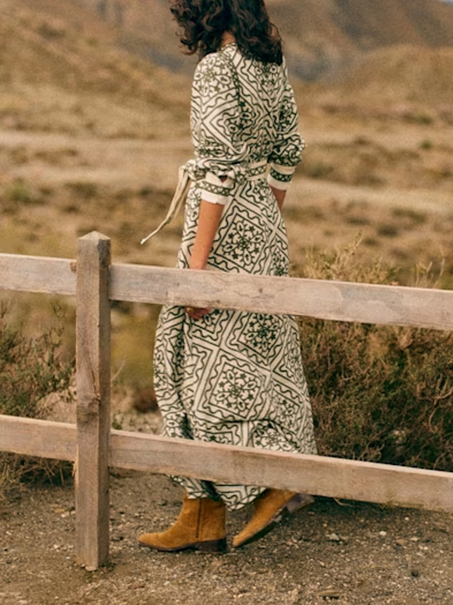 Printed Long Sleeve Belted Dress