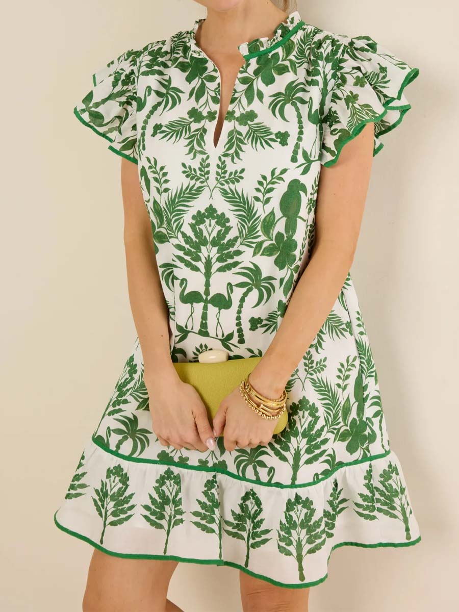 Floral Print Band Collar Flutter Sleeve Dress