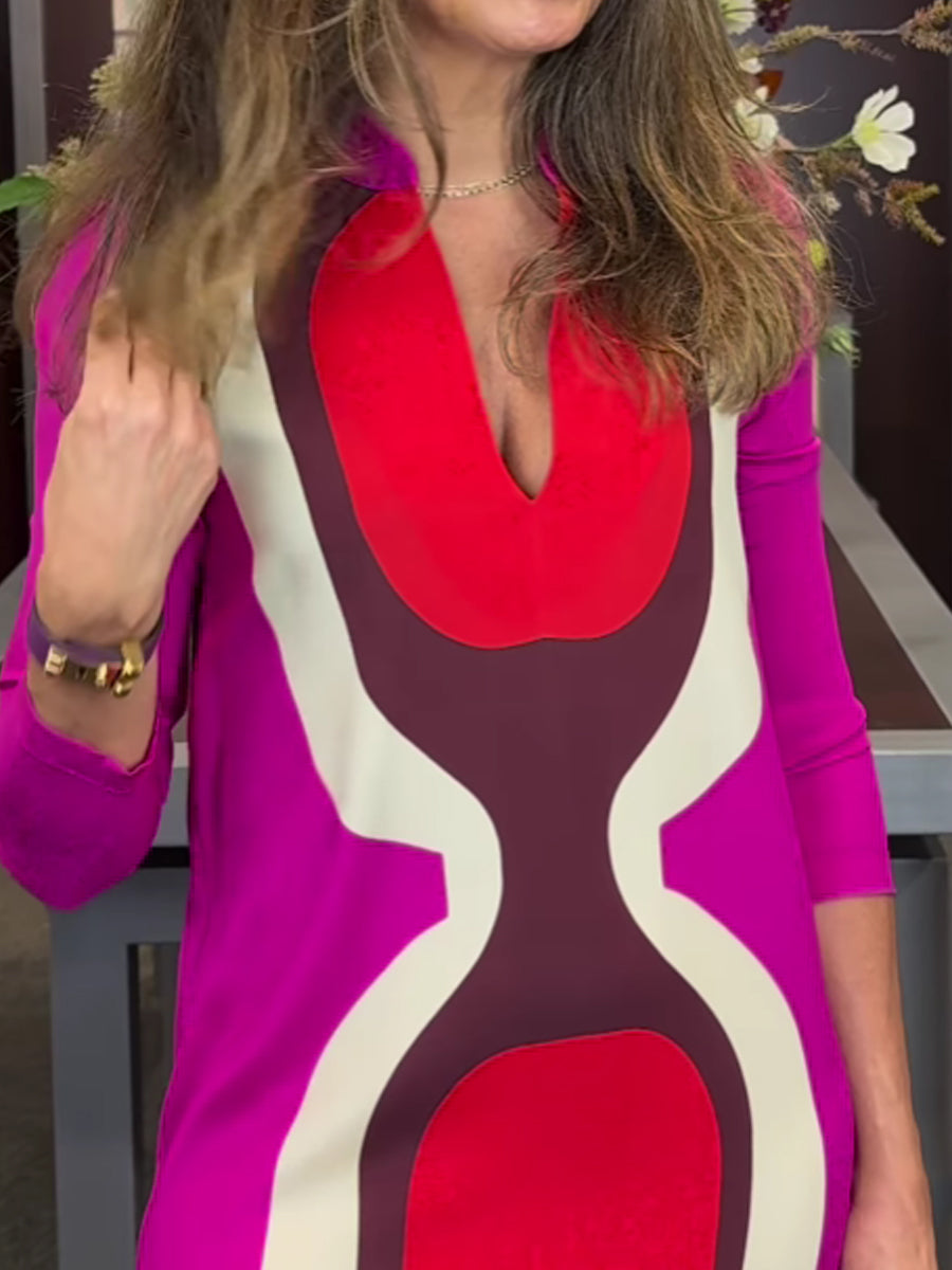 Placement Print Split Neck Slit Hem Dress