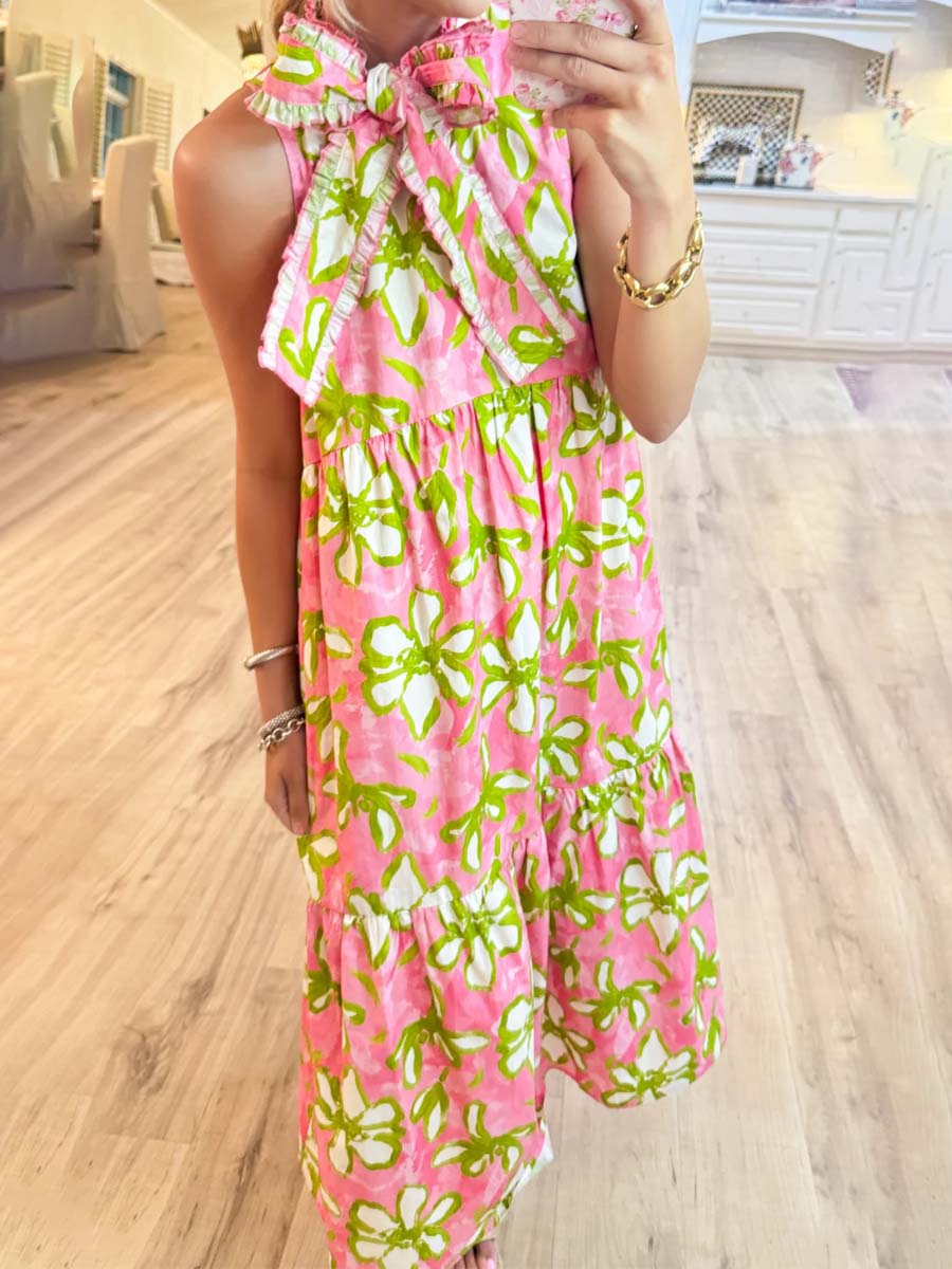 Flower Print Sleeveless Tiered Midi Dress