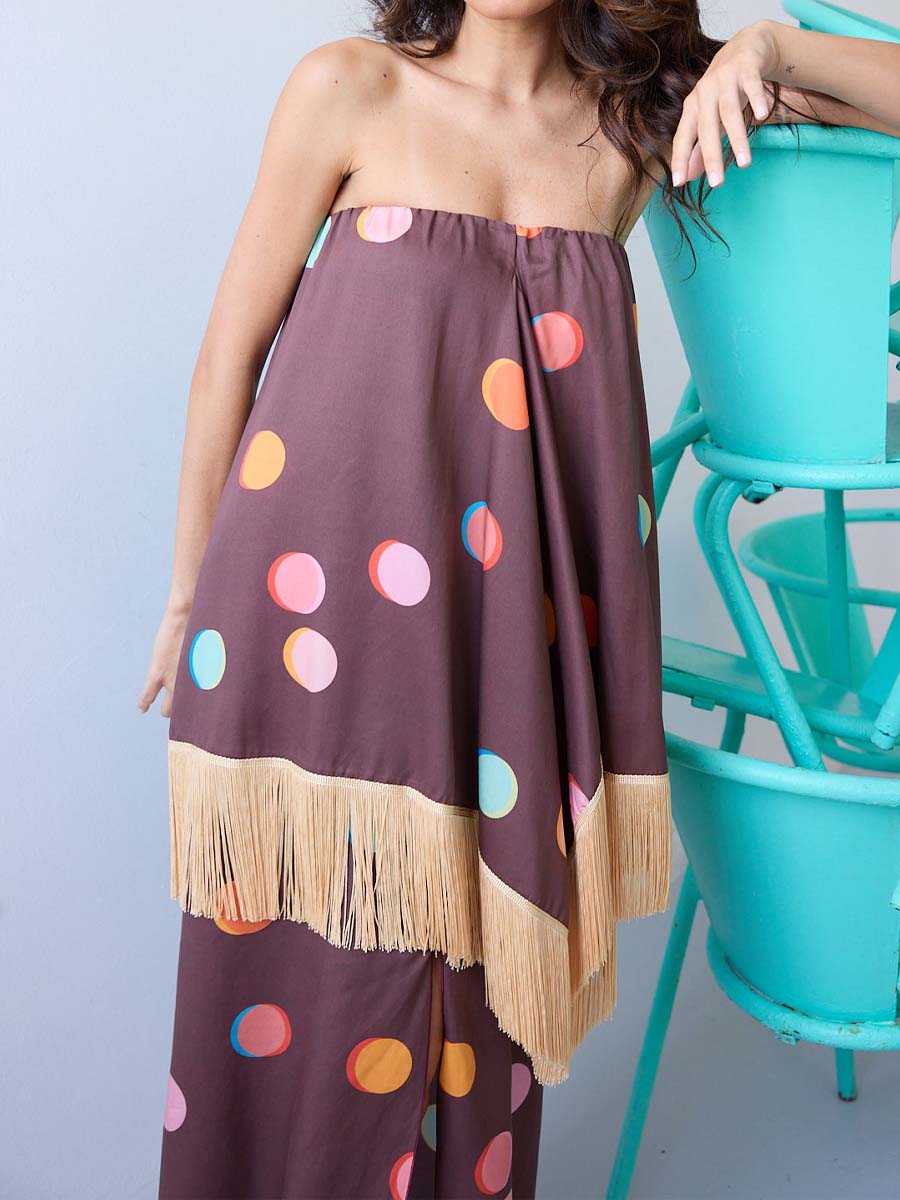 Printed Tassel Slit Hem Strappless Dress