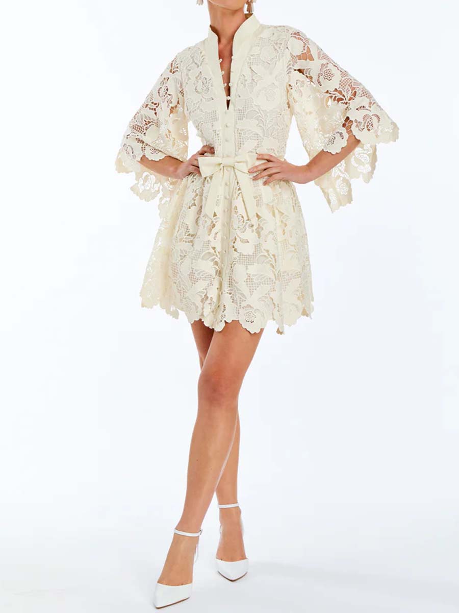 Elegant Lace Bow Mini Dress