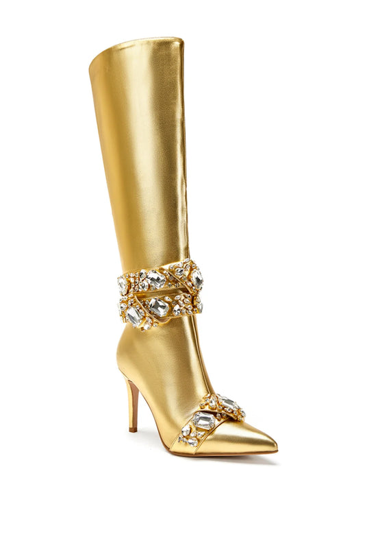Embellished Metallic Stiletto Knee High Boots