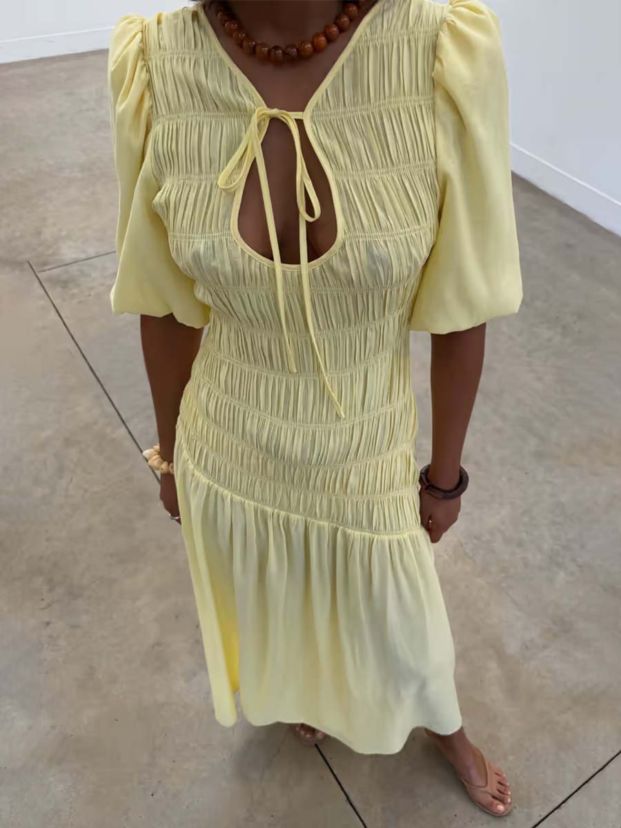 Elastic Shirring Tie Neck Dress