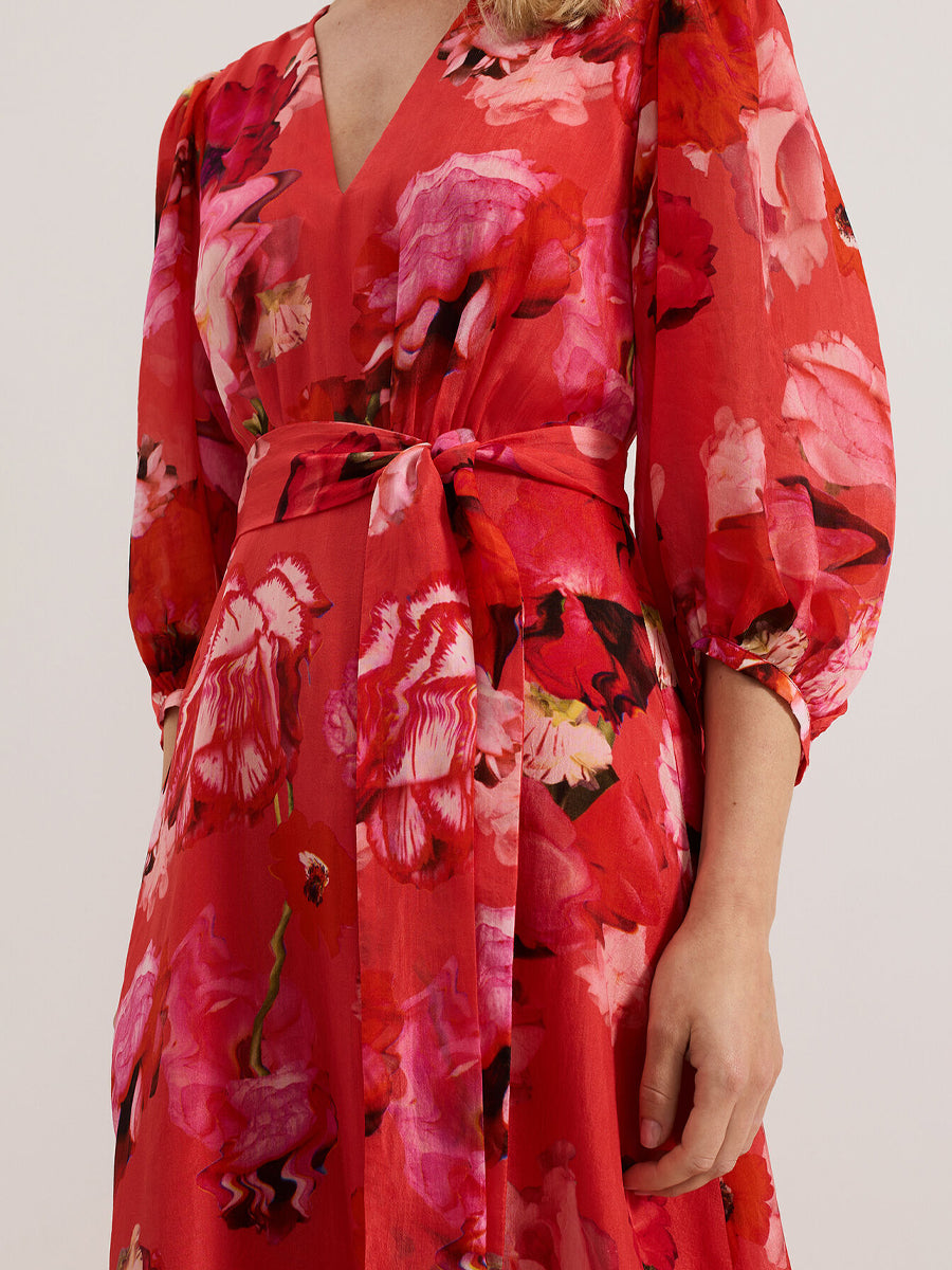 Printed V Neck Belted Midi Dress